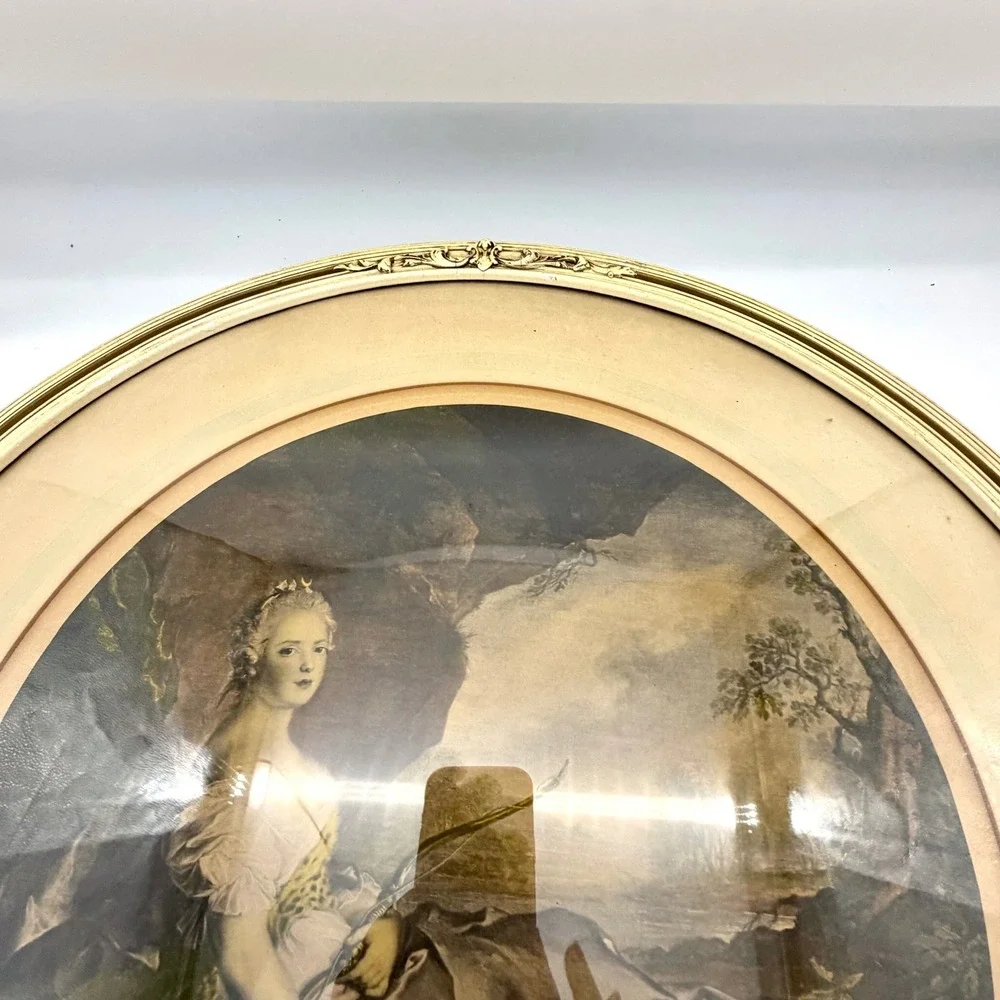 Antique‎ Print Round Ornate Frame Victorian Lady Signed 23in
